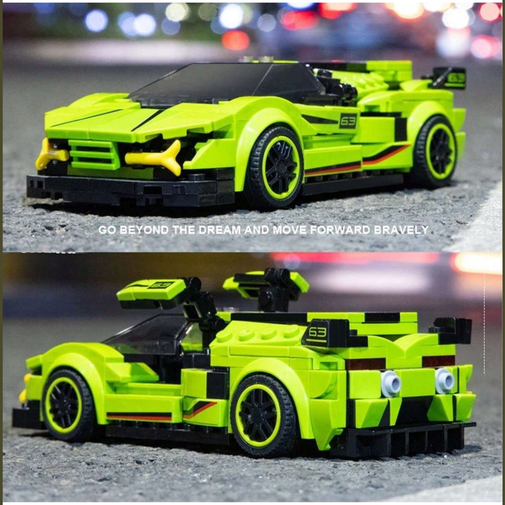 Blocks Famous Car Building Set, 280 Pieces, Neon Green Sports Car with Movable Wheels and Opening Door