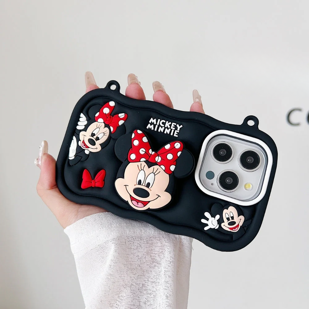 Minnie Cartoon Kickstand Phone Case with Shoulder Strap | Full Protective Soft Silicone 3D Holder Back Cover for iPhone (R2BS976)