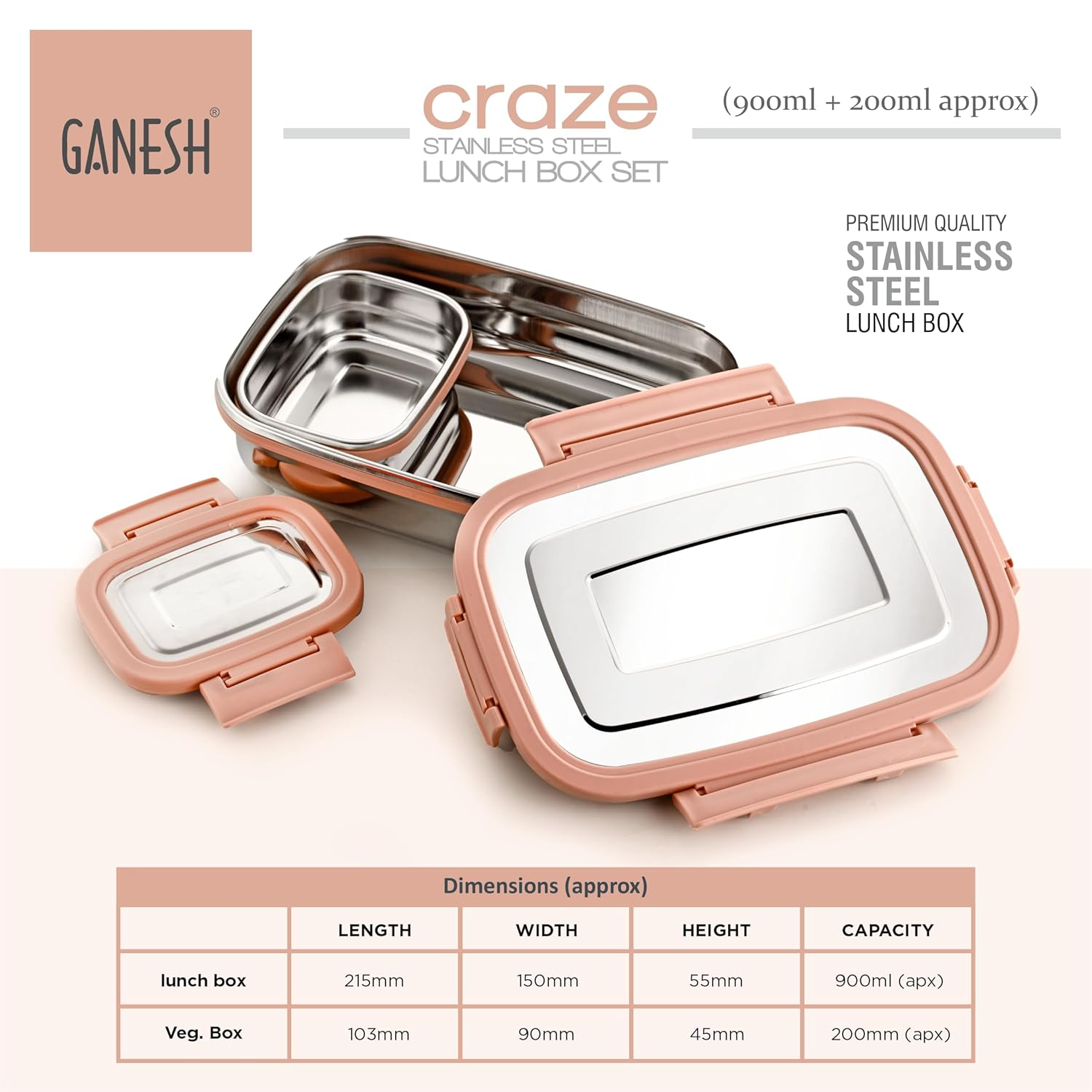 GANESH Craze Stainless Steel Tiffin Lunch Box Container/Dabba with 4 Side Clip Lock Lid for Office & School Use/Food Grade/Air Tight/Easy to Carry/Leak Proof(900ml 1pc + 200ml 1 Pc)