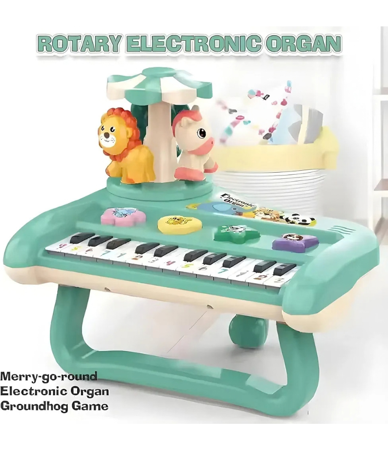 Rotary Animal Carousel Electronic Organ for Toddlers | 4-in-1 Musical Groundhog Game with Piano & Drums | 17 Nursery Rhymes, Lights & Sounds | Educational Baby Toy|