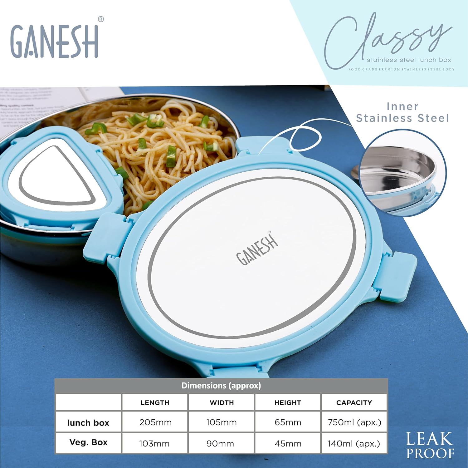 GANESH Classy Stainless Steel Lunch Box Container with Airtight Lid for Office & School Use/Food Grade/Air Tight/Easy to Carry/Leak Proof (800ml +150ml)