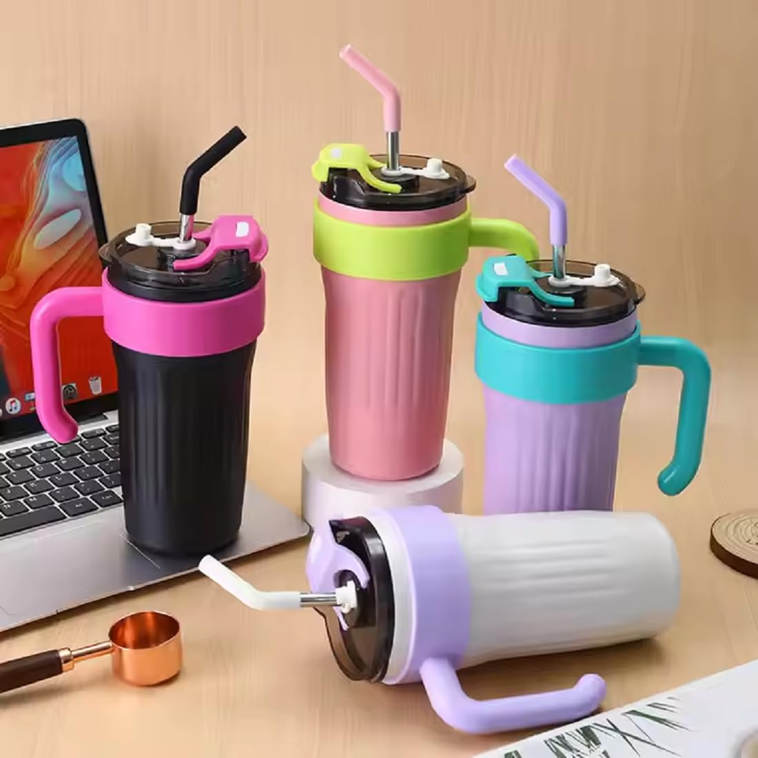 800ml Insulated Travel Mug Tumbler with Handle Double Wall Water Bottle Straw Cups Stainless Steel Coffee Mug with Straw Office Gym Outdoor Home Mug