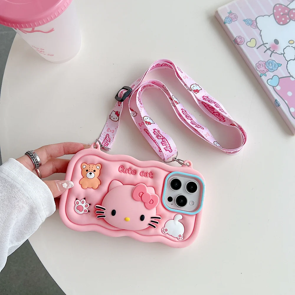 3D Cartoon Hello Kitty Case with Lanyard, Cute Cat Pink Soft Silicone Shockproof Phone Cover with Holder Strap, Stylish Fashion Aesthetic Back Case for Women and Girls (R2BS974)