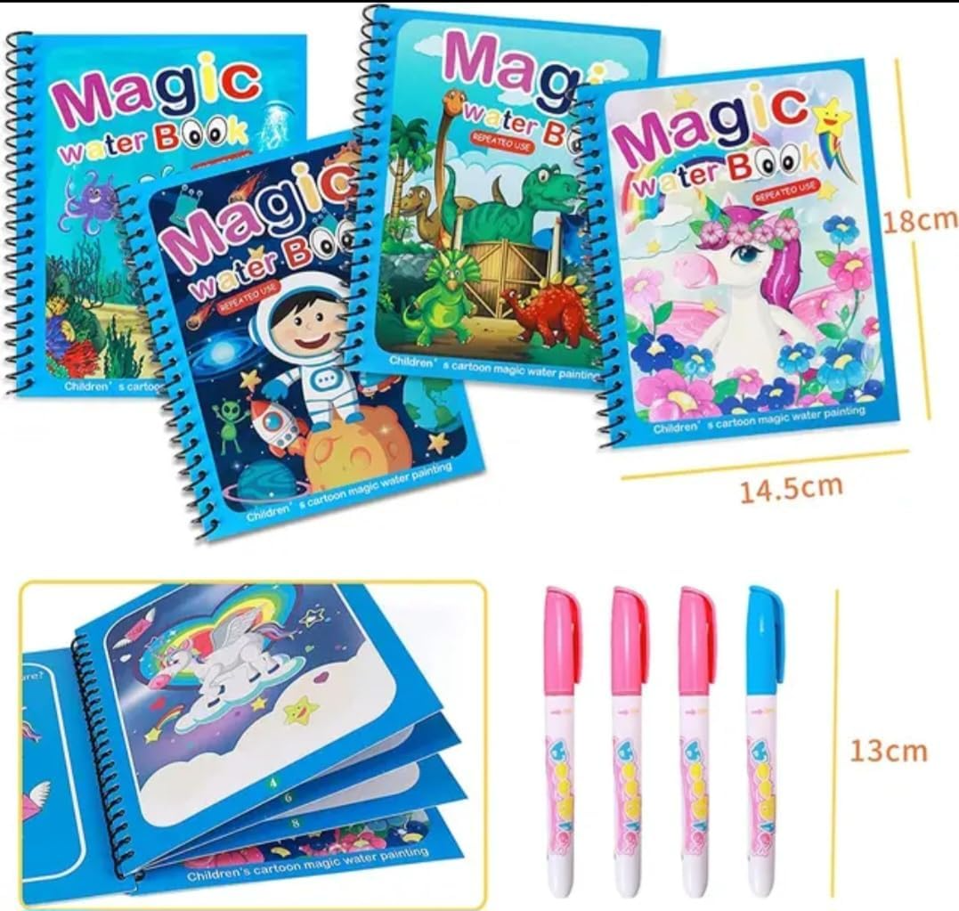 4-Pack Water Magic Coloring Books with Refillable Pens - No-Mess Water Reveal Activity Book Set for Kids - Reusable & Travel-Friendly