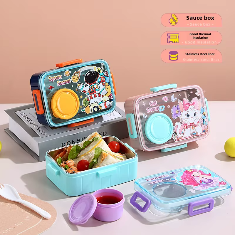 Colorful Cartoon Stainless Steel Lunch Box for Kids School Season Single Compartment 600ml+80ml Sauce Cup 80ml