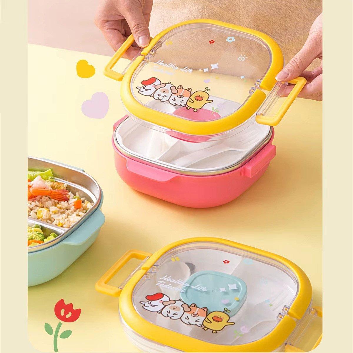 Heavy Duty Stainless Steel Cute Cartoon Designs Lunch Box | Three Compartment Tiffin Box with Easy Lock | Jumbo Storage Container for Kids Snacks with Sauce Box and Plastic Try (Pack of 1)