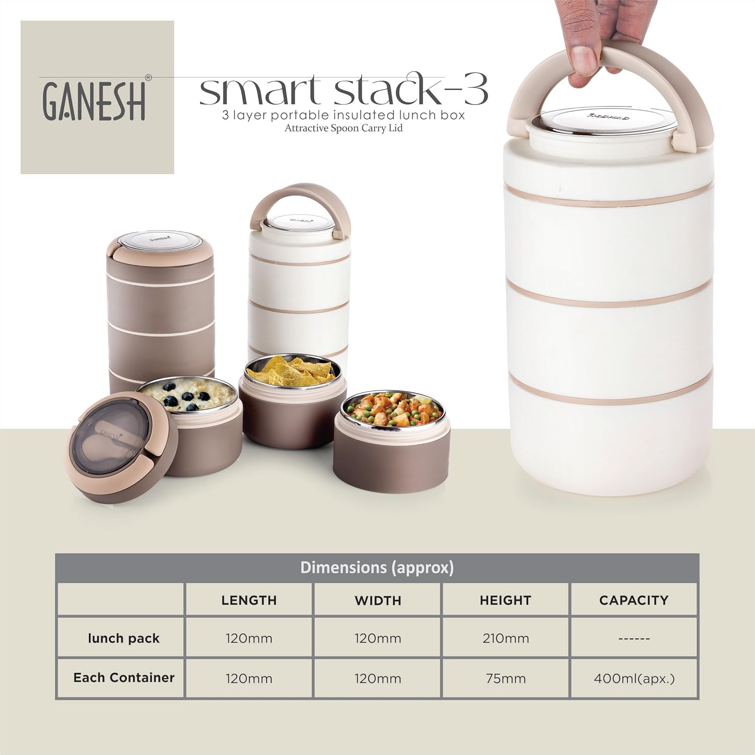 GANESH Smart Stack 3 Layer Protable Lunch Box Stainless Steel Airtight Leak-Proof Lunch Box for Office, School, Picnic -Brown, 1200 Milliliters