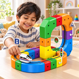 Electric Train Track Set 51 PCS | 3D Anti-Gravity Flexible Tracks with Motorized Train & Traffic Signs | STEM Building Toy for Kids