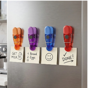 Plastic Magnetic Clips - 4 Piece Set | Strong Refrigerator & Office Magnets