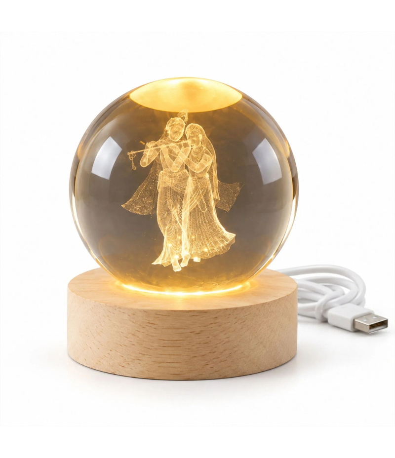 Radhakrishna Crystal Ball LED Lamp | Spiritual Home Decor & Gift