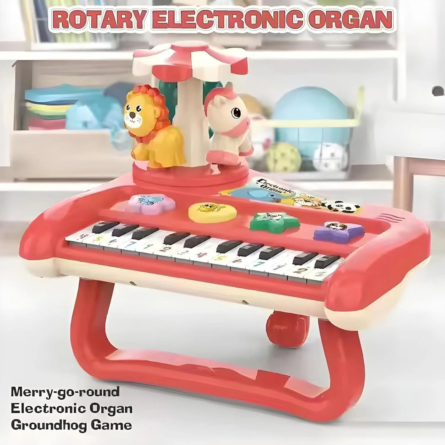 Rotary Animal Carousel Electronic Organ for Toddlers | 4-in-1 Musical Groundhog Game with Piano & Drums | 17 Nursery Rhymes, Lights & Sounds | Educational Baby Toy|