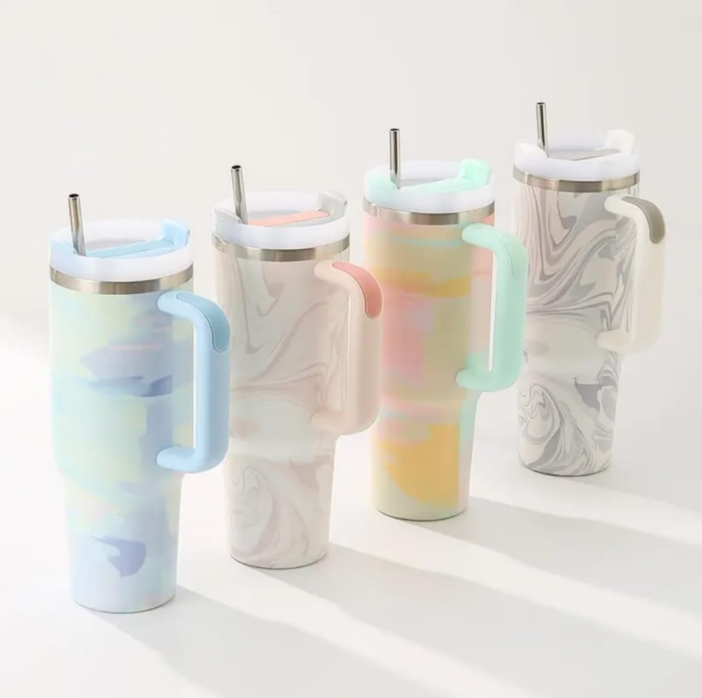 Tumbler with Handle Lid and Straw 40 oz Travel Cup Vacuum Insulated Car Marble Print Mug