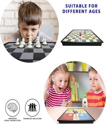Magnetic 3-in-1 Board Game Set: Ludo, Chess, Snakes & Ladders Combo