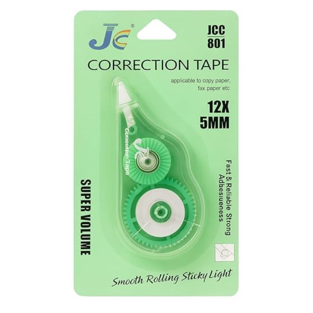 J.C. Correction Tape Set – 12m x 5mm Smooth Rolling, Fast Revision, Strong Adhesive – Super Volume White Tape for School & Office – Pack of 3