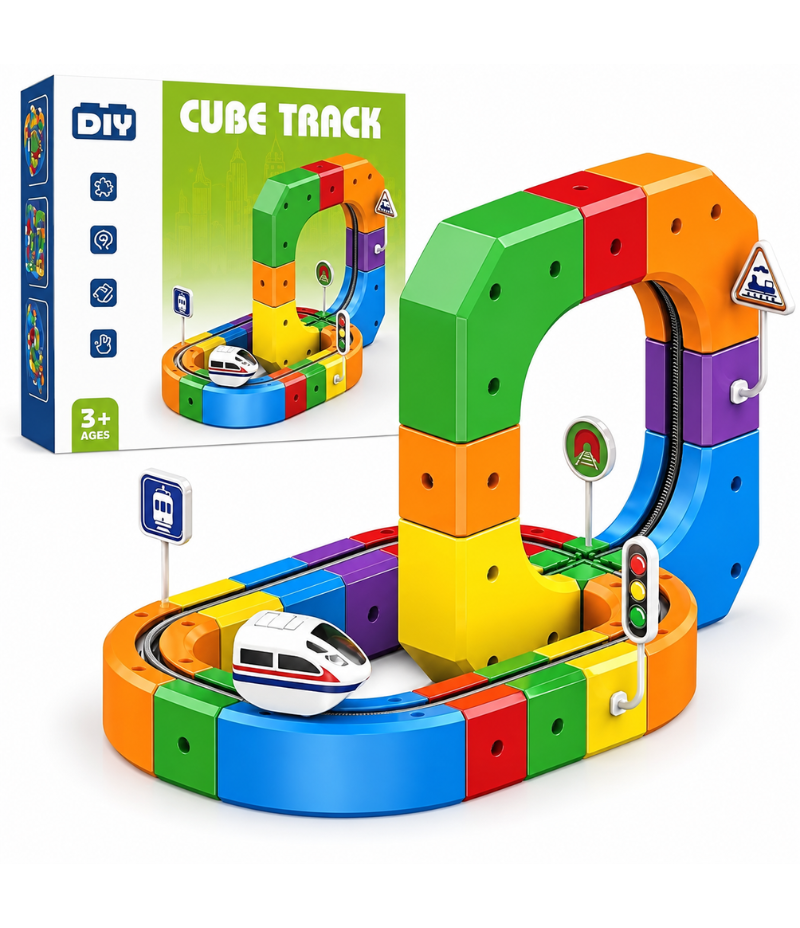 Electric Train Track Set 51 PCS | 3D Anti-Gravity Flexible Tracks with Motorized Train & Traffic Signs | STEM Building Toy for Kids