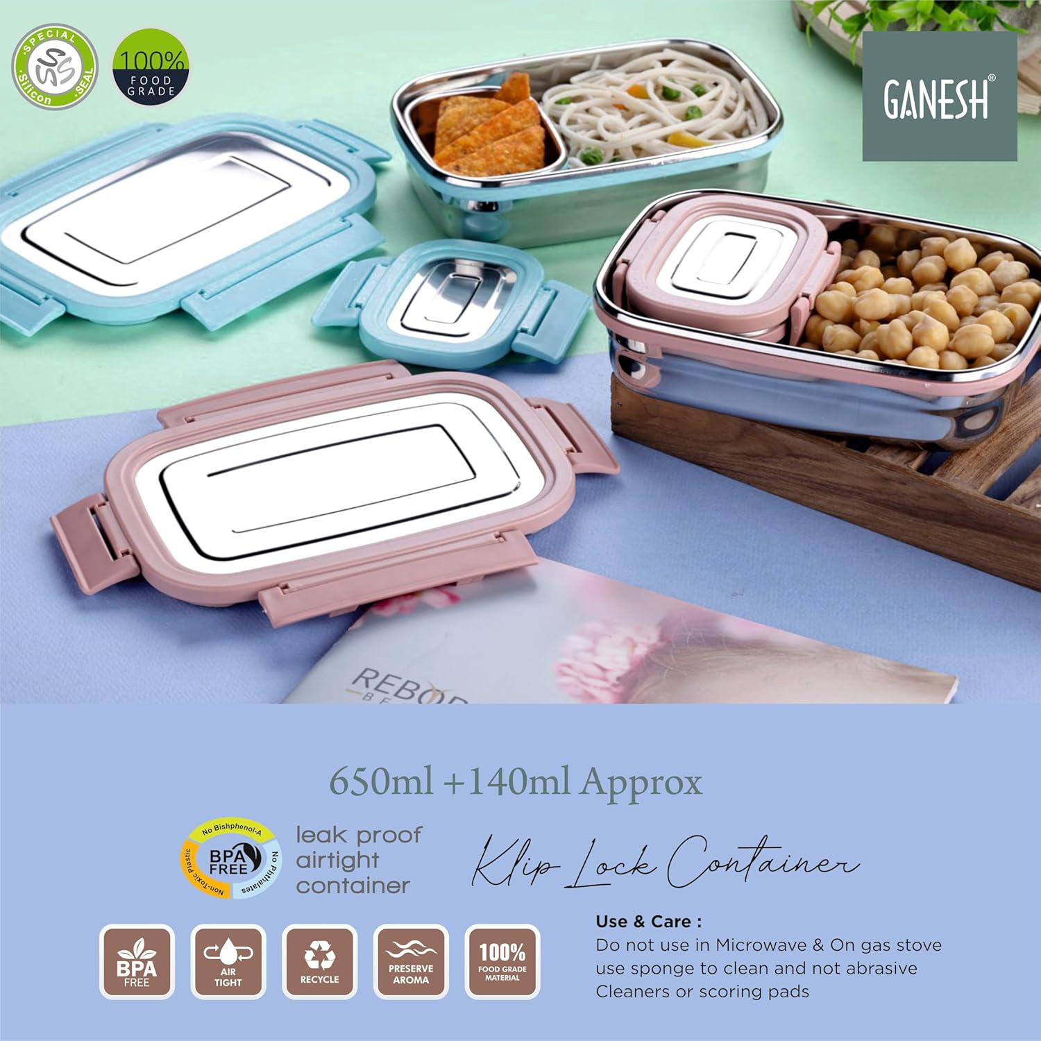 GANESH Craze Stainless Steel Tiffin Lunch Box Container/Dabba with 4 Side Clip Lock Lid for Office & School Use/Food Grade/Air Tight/Easy to Carry/Leak Proof(650ml 1pc + 140ml 1 Pc)