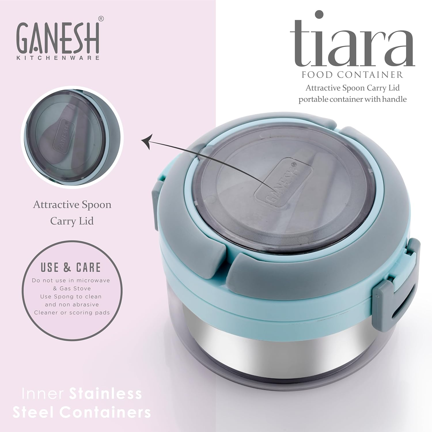 GANESH Stainless Steel Tiara Food Container with Handle & Attractive Spoon for Office & School Use/Food Grade/Air Tight/Easy to Carry/Leak Proof (400ml)