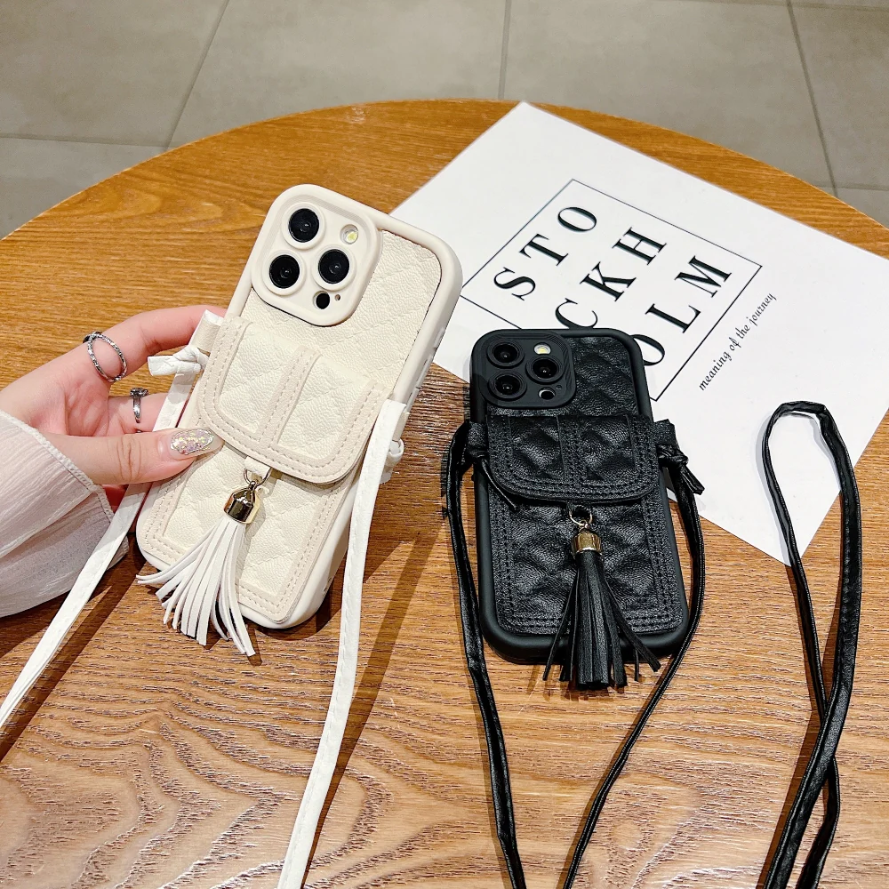 Luxury Crossbody Wallet Case for iPhone, PU Leather Phone Purse with Detachable Shoulder Lanyard, Card Holder and Tassel (R2BS969)