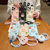 Cute 3D Cartoon Labubu Monster Phone Case with Plush Faux Fur Wrist Strap, Aesthetic Trendy Silicone Shockproof Cover for iPhone (R2BS971)