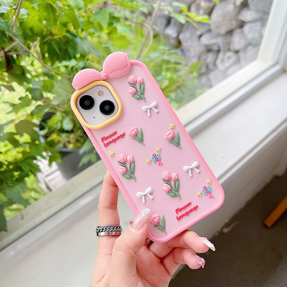Charming 3D Bow Tulip Flower Silicone Soft Phone Case for iPhone - Cute Pink Wave Edge Airbag Drop Protection Cove (R2BS979)
