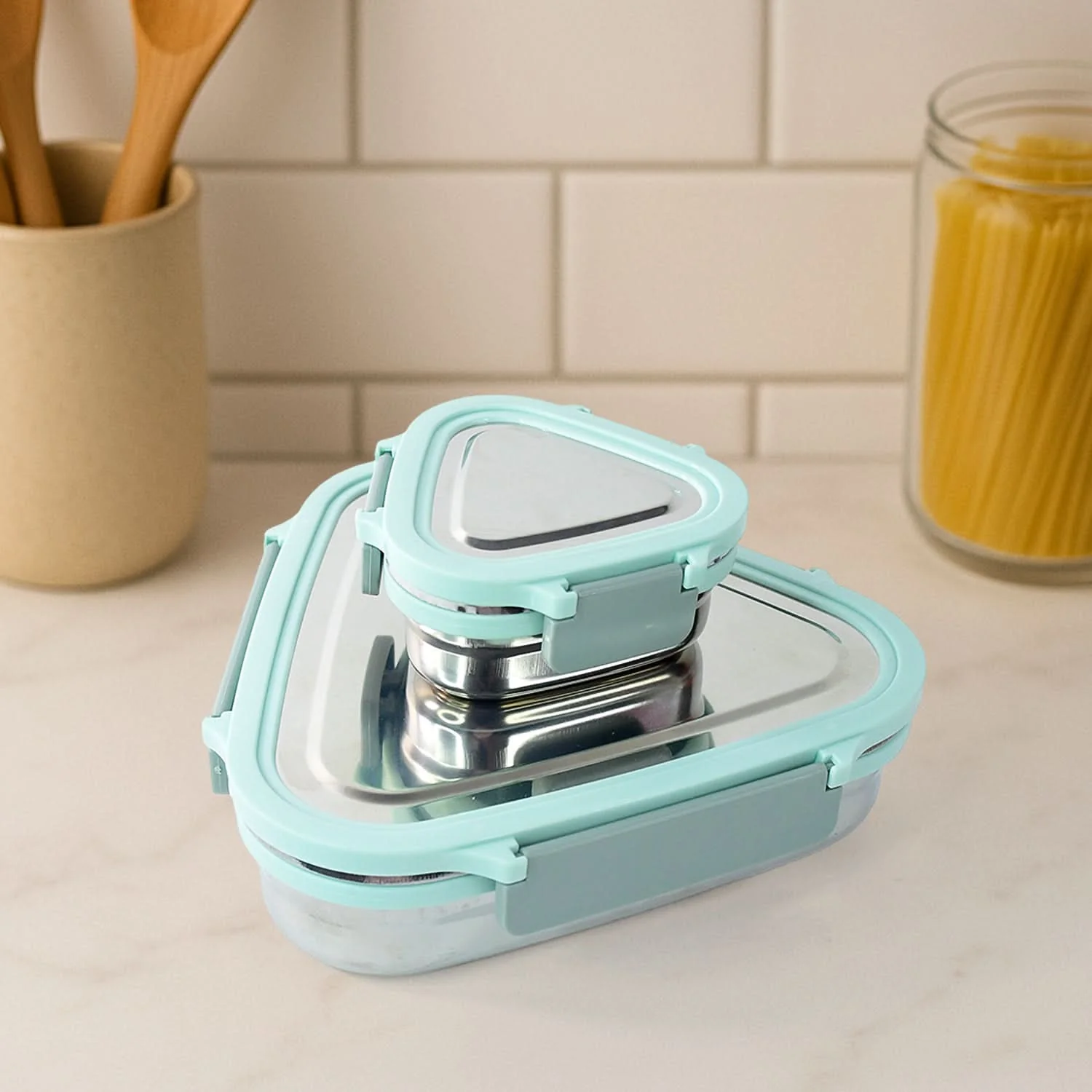 Ganesh Trinity 2-Piece Stainless Steel Triangle Lunch Box Set – Compact Leakproof Tiffin with Unique Shape, Secure Clip Lock, and Modern Design