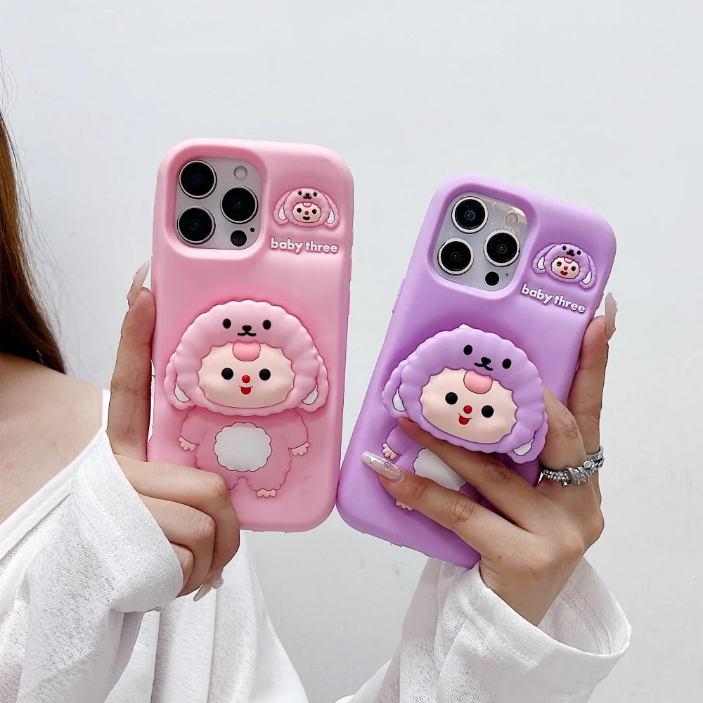 Cute 3D Cartoon Sheep Phone Case for iPhone - Soft Silicone Shockproof Cover with Pop-Up Kickstand, Compatible with iPhone (R2BS975)
