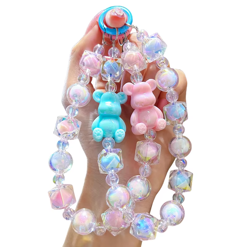 Fashion Bead Cartoon Bear Phone Chain Keychain Cute Acrylic love Bead Accessory Kawaii Design Fashion Keychain