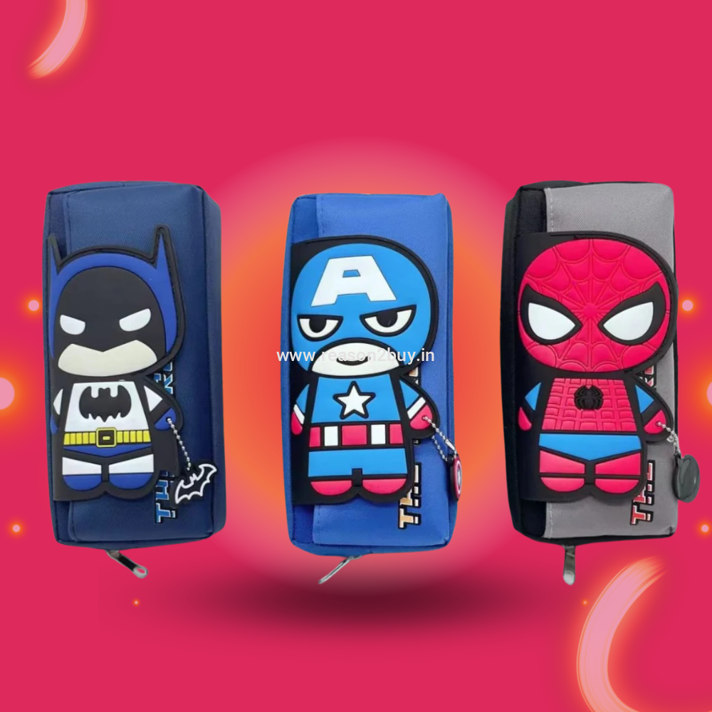 Superhero Pencil Pouch | Cartoon Zipper Case for Kids | Batman, Spiderman, Captain America-(R2BS815)