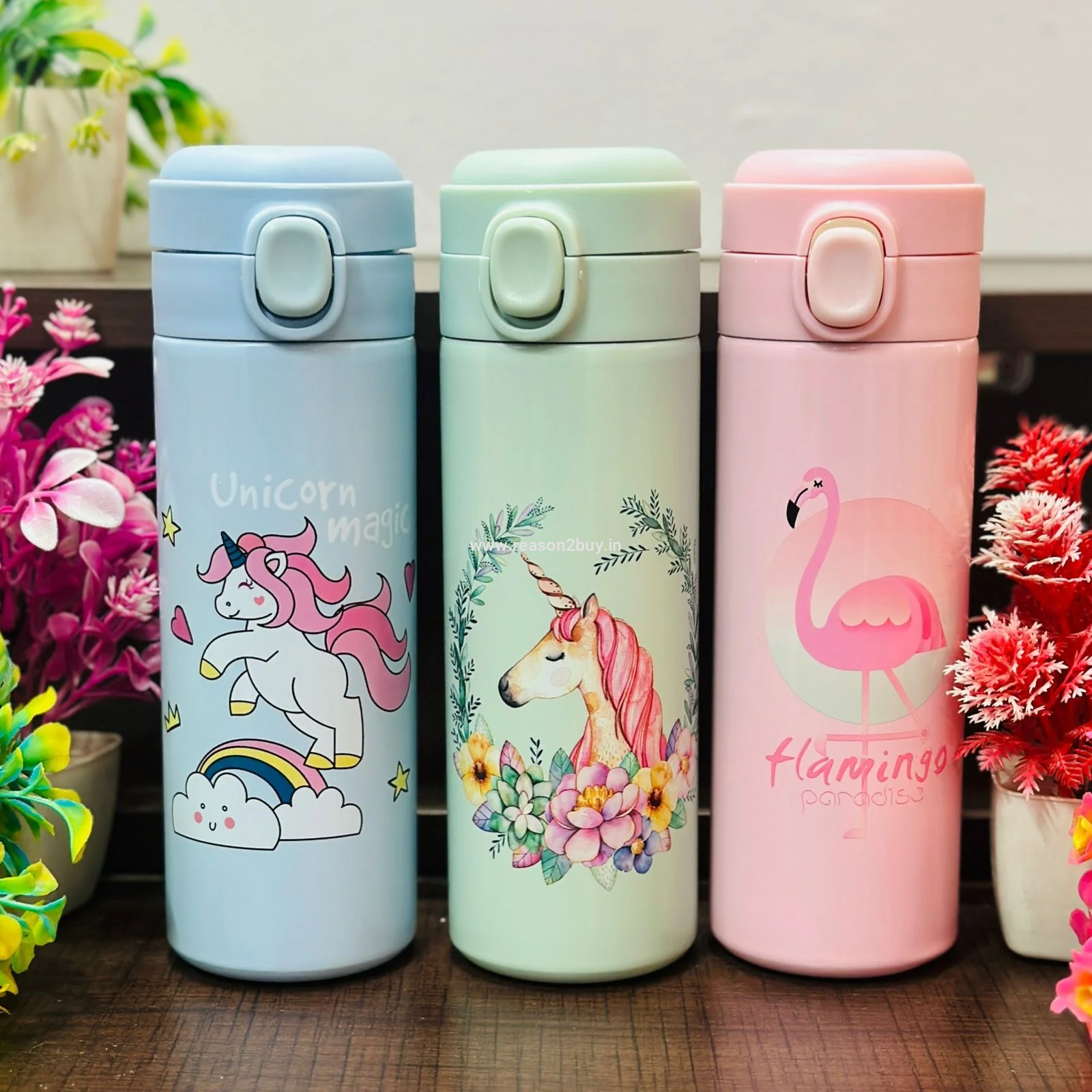 Premium 420ml Insulated Stainless Steel Bottle – Unicorn & Flamingo Theme (R2BS1124)