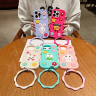 Phone Case for iPhone, 3D Silicone Phone Case with Wavy Wrist Strap & Camera Protection, Kawaii Cute Cartoon Animal Flower Soft TPU Protective Case for Women Girls (R2BS973)