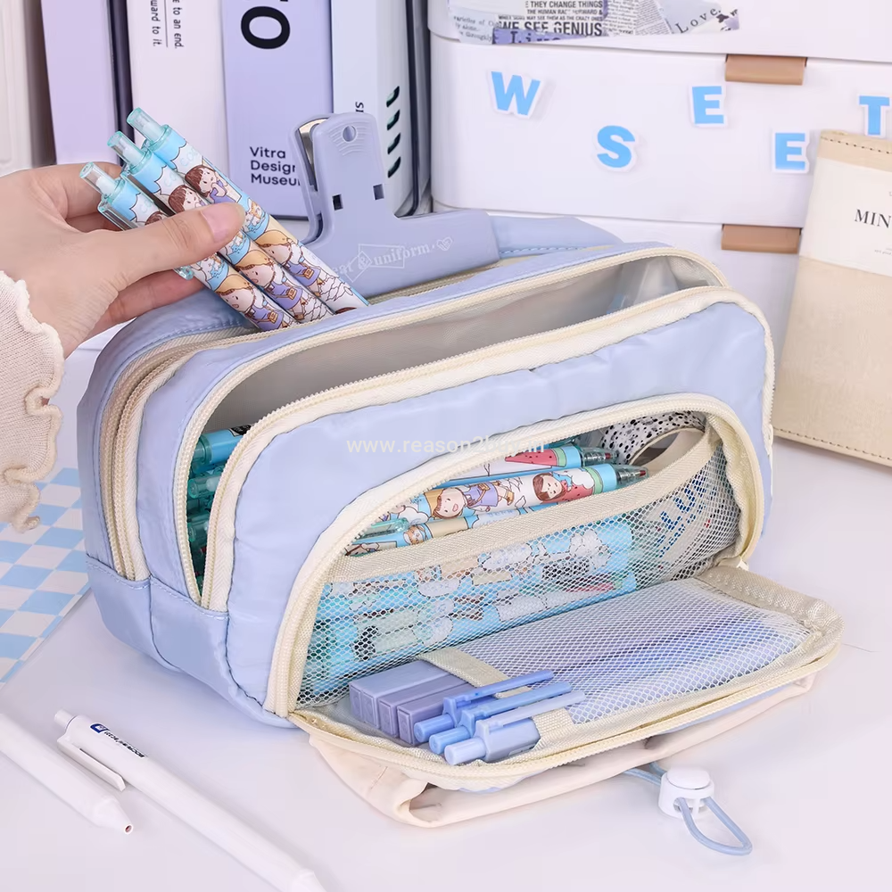 Large Capacity Multi-Compartment Pencil Case Pouch with Drawstring Pocket for School, Office & Travel | Durable Aesthetic Stationery Organizer for Teen Girls & Adults (Light Blue) (R2BS813)