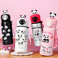 Cute Panda Water Bottle for School Kids (500ml) | Leak-Proof | Flip Cap & Strap | Stainless Steel Thermos for Boys & Girls (R2BS847)